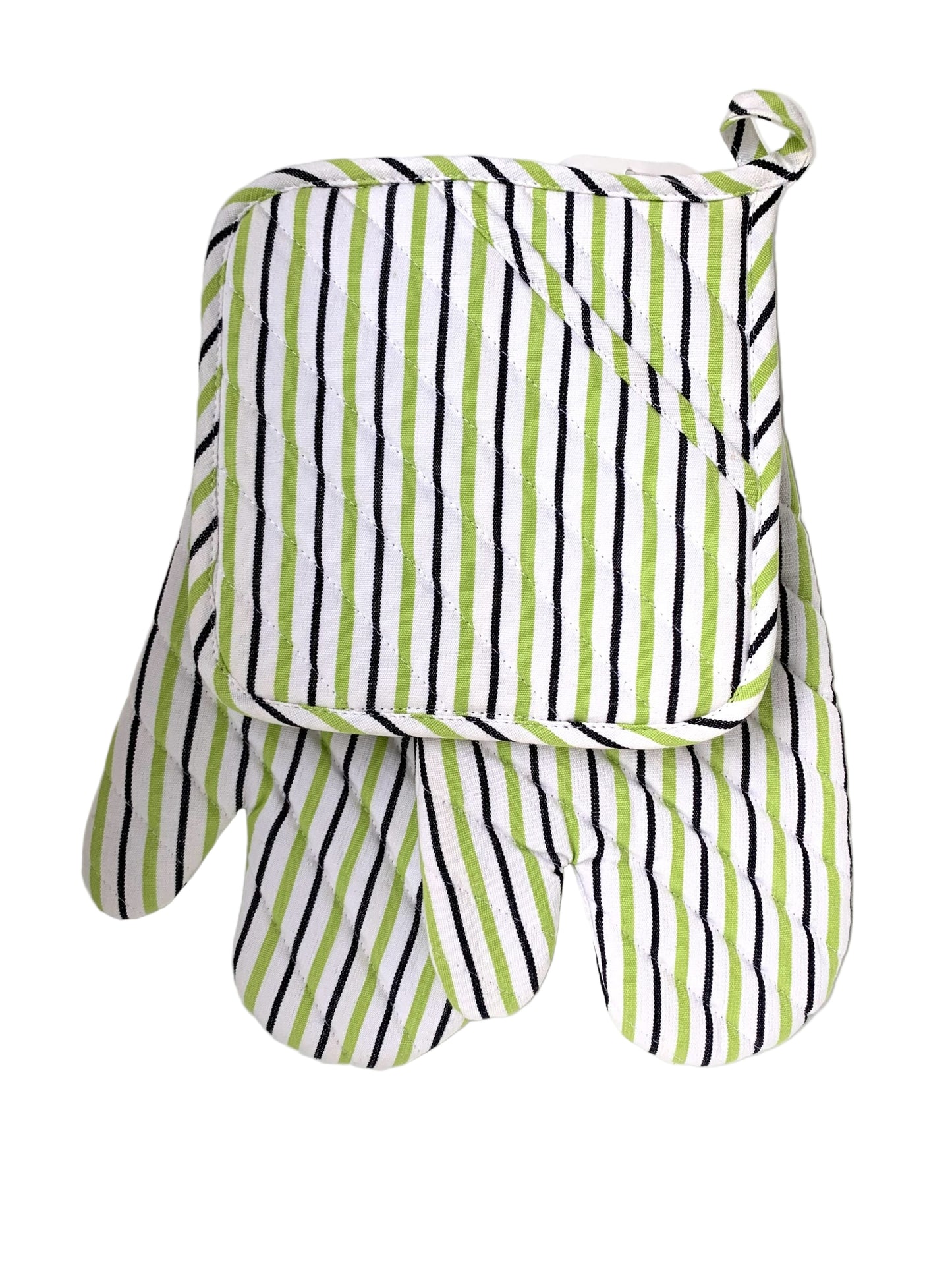 Stripe Oven Mitt Pot Holder Set Green/Black/White image 0