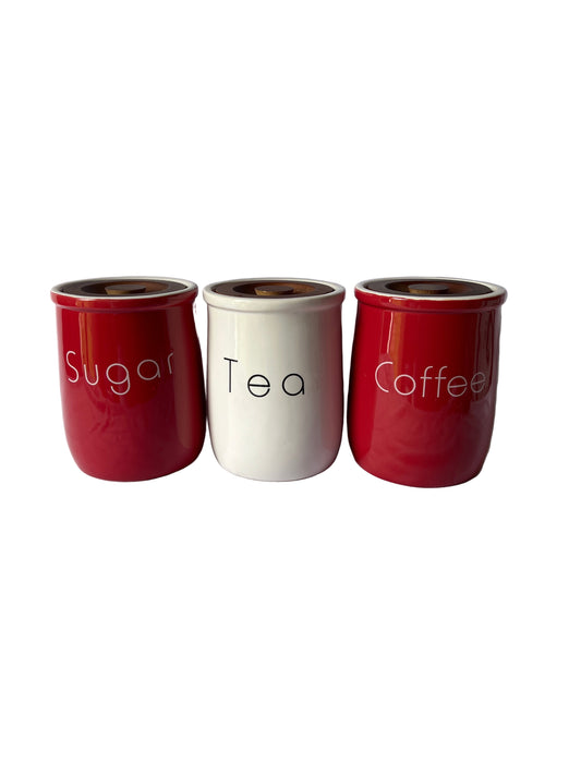 Tea / Coffee /Sugar Cannister Set - Red/White