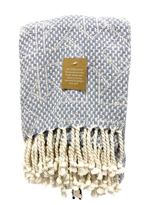Tassel Woven Cotton Throw - Blue