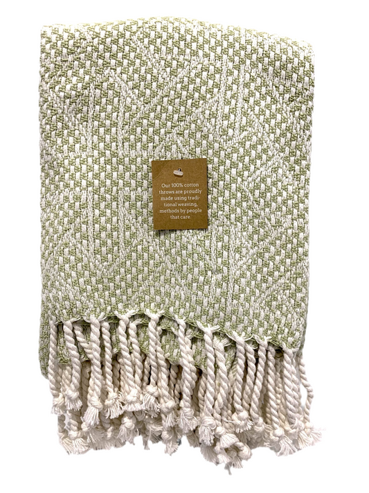 Tassel Woven Cotton Throw - Green