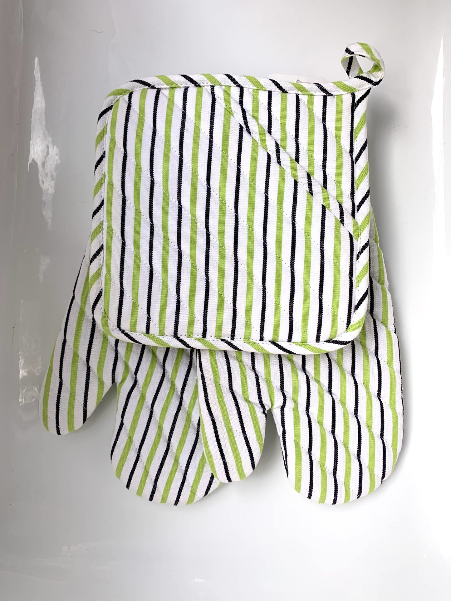 Stripe Oven Mitt Pot Holder Set Green/Black/White image 0