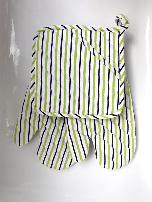Stripe Oven Mitt Pot Holder Set Green/Black/White image 0
